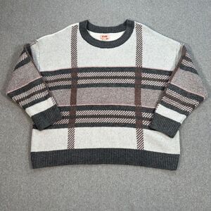 Evri Plaid Sweater Women's Plus Size 3X Gray Brown Soft Cozy Crew Neck Pullover